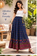 Women’s Navy Blue Printed Flared Maxi Skirt with Decorative Border
