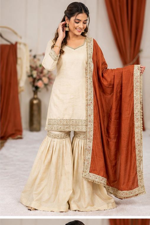 Women's Silk Embroidered 3/4th Sleeve V-Neck Kurti With Sharara Pant and Dupatta Set (Cream &amp; Orange)