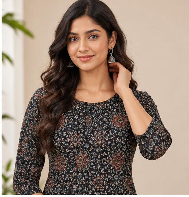 Women’s Printed Straight Kurti with 3/4 Sleeves – Black & Rust Floral Print