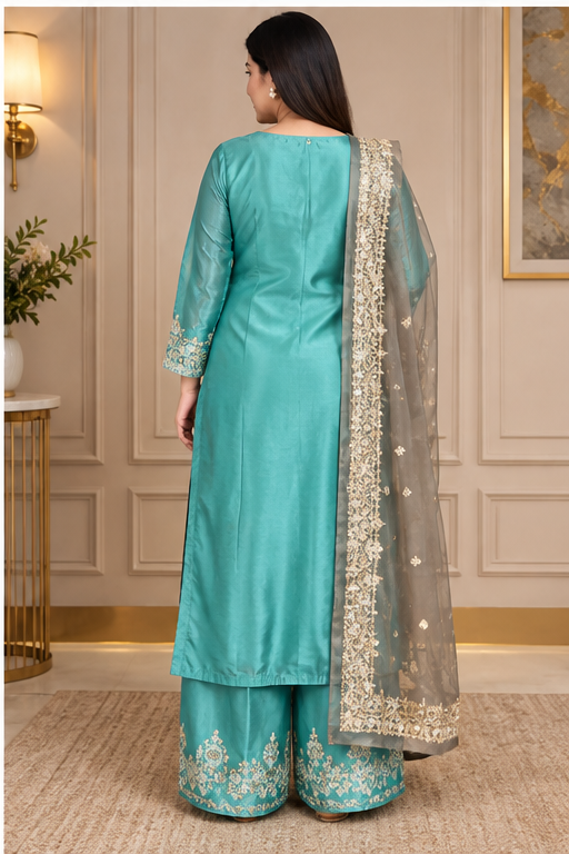 Women's Silk Embroidered 3/4th Sleeve Round Readymade Kurti With Palazzo Pant and Dupatta Set (Sea Green)