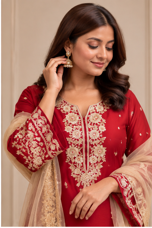 Women's Silk Embroidered 3/4th Sleeve Round Readymade Kurti With Palazzo Pant and Dupatta Set (Red)
