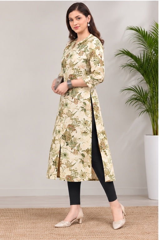 Women’s Cream Cotton Botanical Printed Kurti – Elegant Floral Design