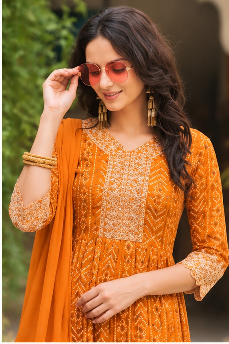 Women’s Orange Rayon Nyra Cut Bandhani Printed Kurti Set with Pant & Dupatta