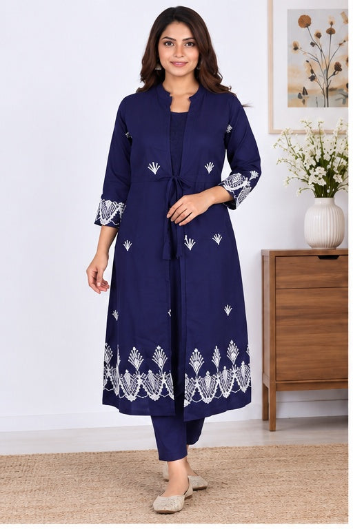 Women’s Navy Blue Cotton Embroidered A-Line Jacket Kurta