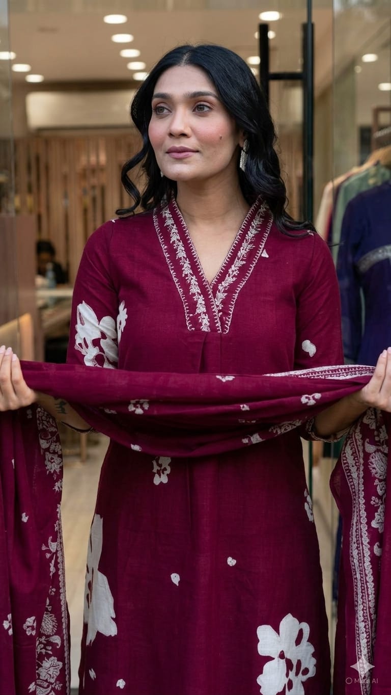 Maroon Floral Printed Embroidered Kurta Set with Dupattah
