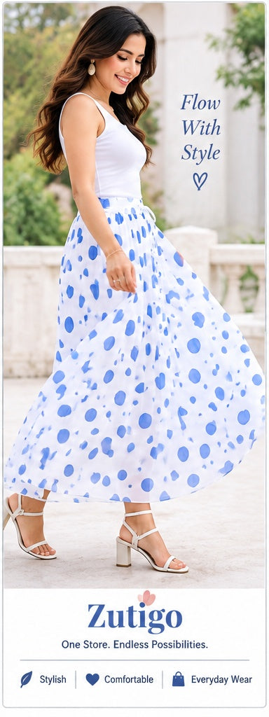 Women’s White & Blue Polka Dot Printed Flared Maxi Skirt