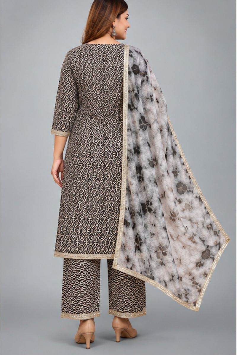 Women’s Black Printed Kurta Pant Set with Floral Printed Shawl Dupatta
