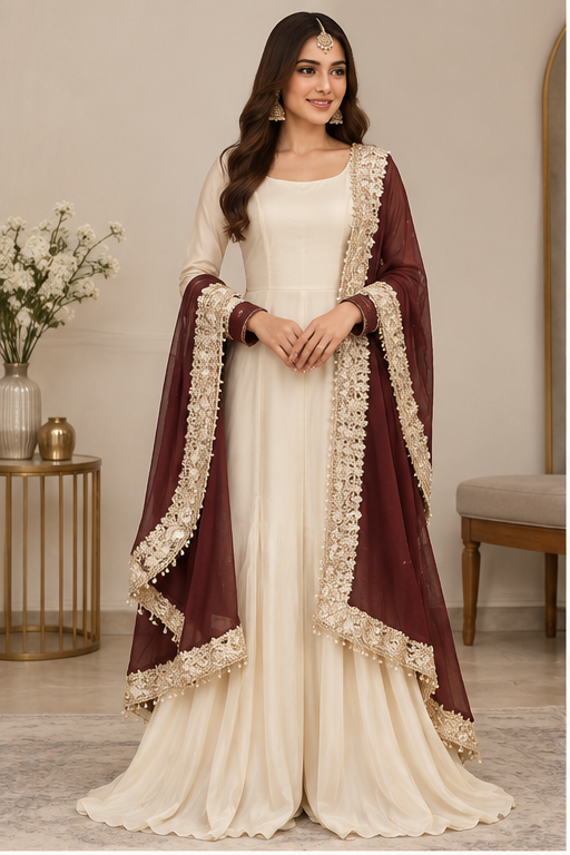 Women's Silk Embroidered 3/4th Sleeve V-Neck Kurti With Sharara Pant and Dupatta Set (Cream &amp; Brown)