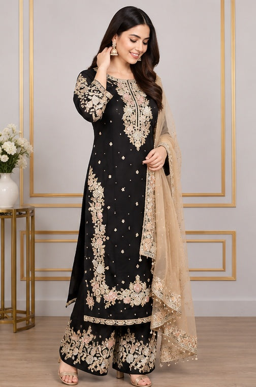 Women's Silk Embroidered 3/4th Sleeve Round Readymade Kurti With Palazzo Pant and Dupatta Set (Black)