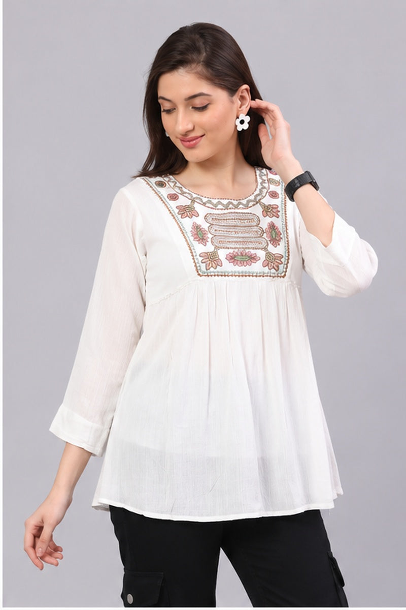 Women’s White Embroidered Flared Top