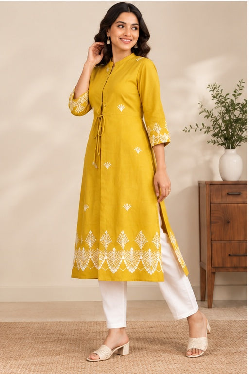 Women’s Mustard Yellow Cotton Embroidered A-Line Jacket Kurta