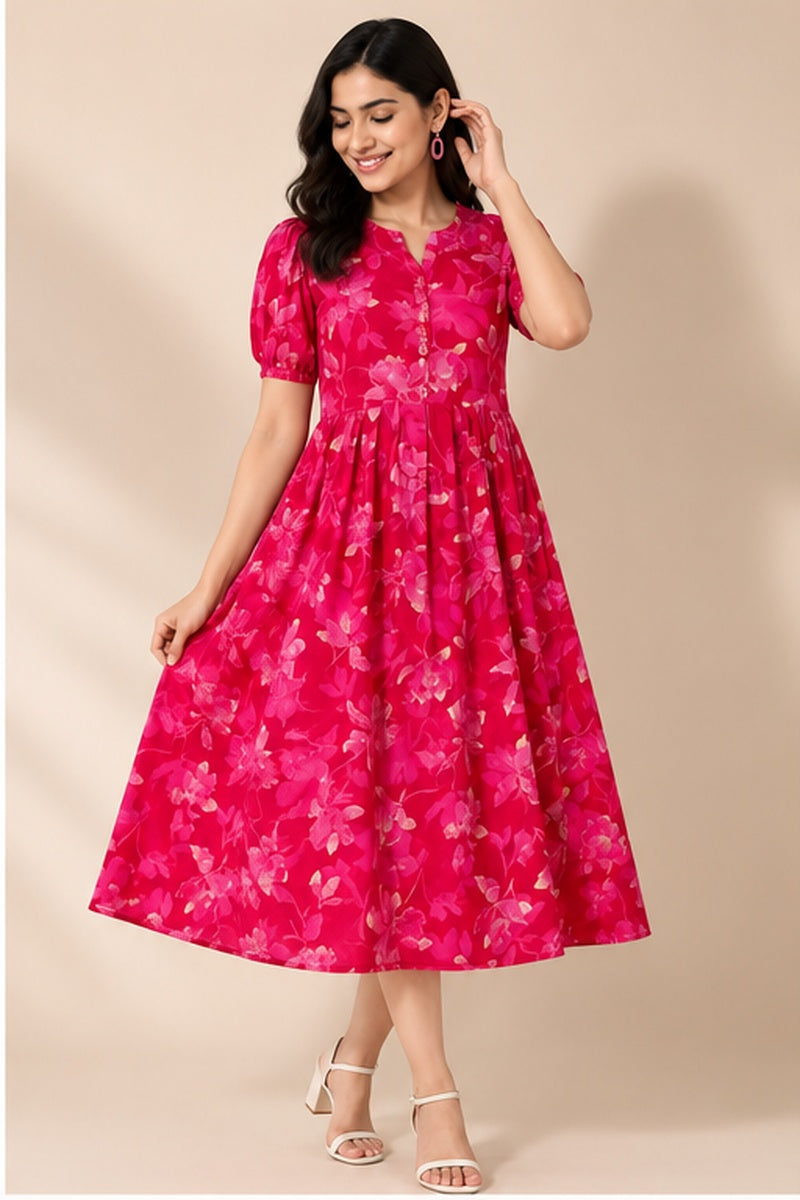 Women’s Pink Floral Printed Flared Dress