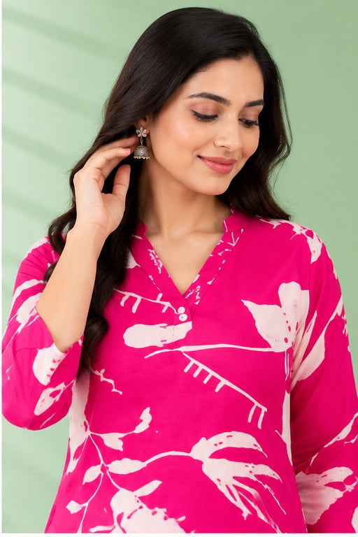 Women’s Rayon Floral Printed Straight Kurti – Pink & White