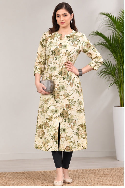 Women’s Cream Cotton Botanical Printed Kurti – Elegant Floral Design