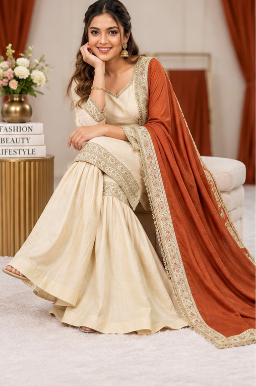 Women's Silk Embroidered 3/4th Sleeve V-Neck Kurti With Sharara Pant and Dupatta Set (Cream &amp; Orange)