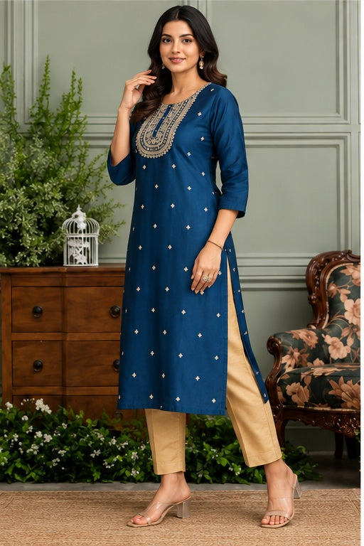 Women’s Navy Blue Art Silk Embroidered Straight Kurti with Golden Detailing