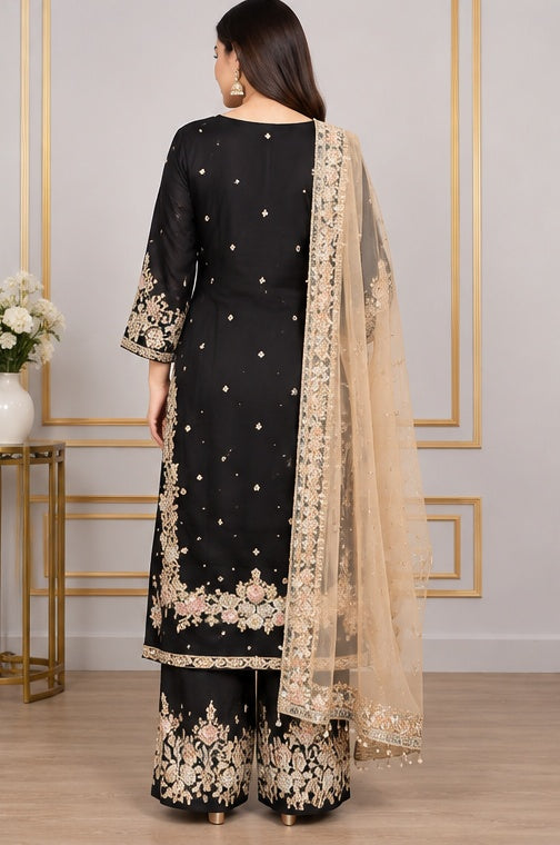 Women's Silk Embroidered 3/4th Sleeve Round Readymade Kurti With Palazzo Pant and Dupatta Set (Black)