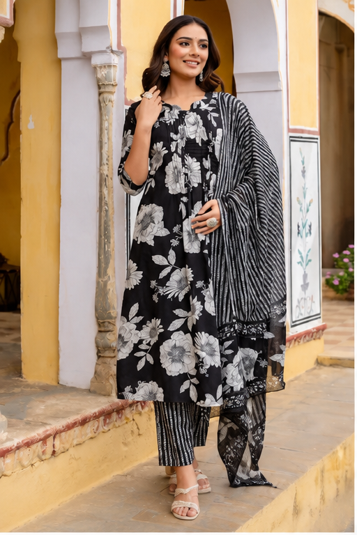 Women’s Black Floral Printed Kurta Set with Striped Dupatta