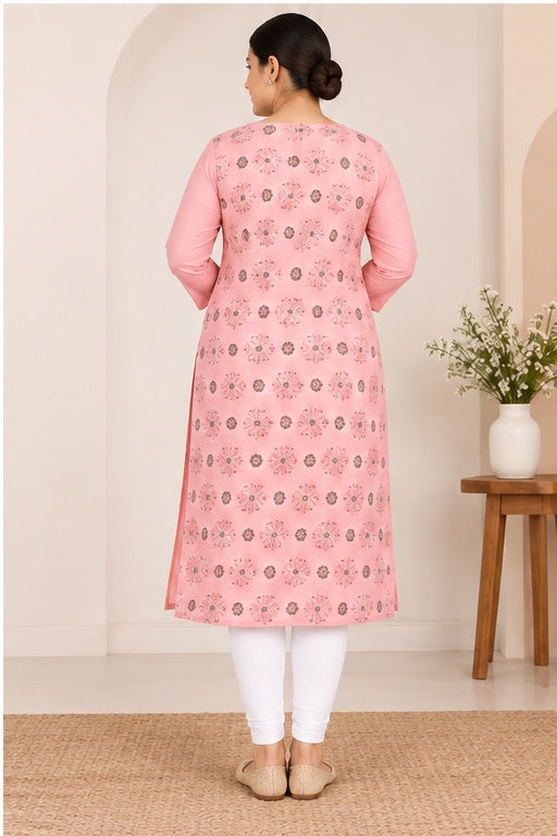 Women’s Pink Cotton Blend Printed Straight-Cut Kurti – Plus Size