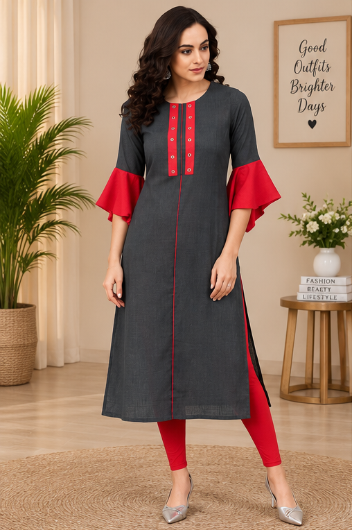 Women's Casual Bell Sleeves Mirror Work Cotton Slub Kurti (Grey)