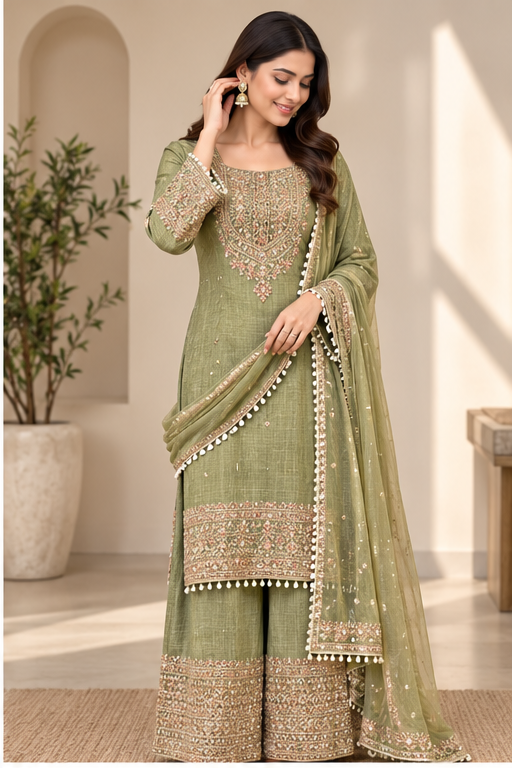 Women's Silk Embroidered 3/4th Sleeve Round Kurti With Sharara Pant and Dupatta Set (Green)
