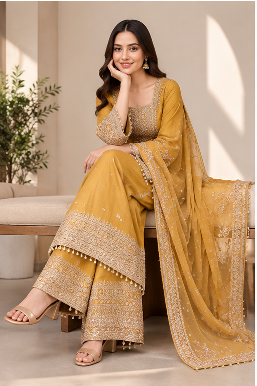 Women's Silk Embroidered 3/4th Sleeve Round Kurti With Sharara Pant and Dupatta Set (Yellow)