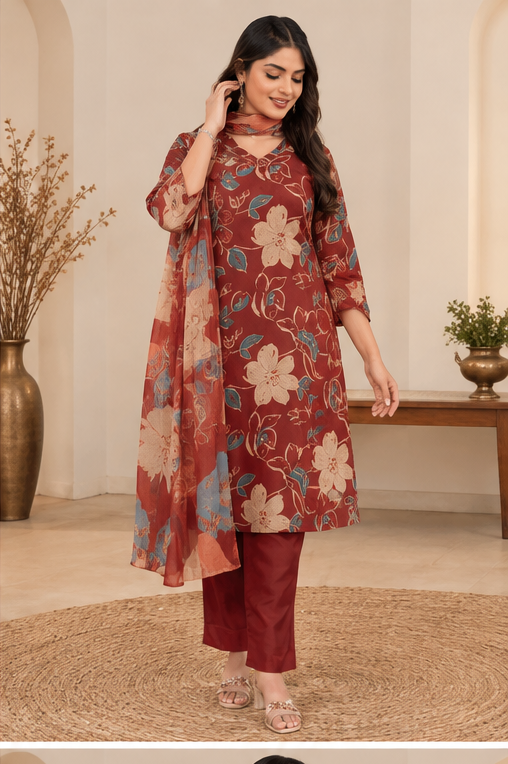 Women's Cotton Blend Printed Kurti With Pant Dupatta Set (Rust)