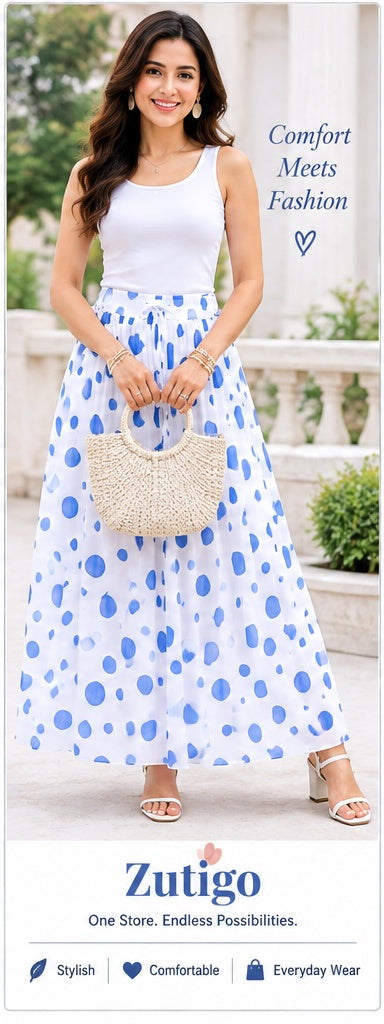 Women’s White & Blue Polka Dot Printed Flared Maxi Skirt
