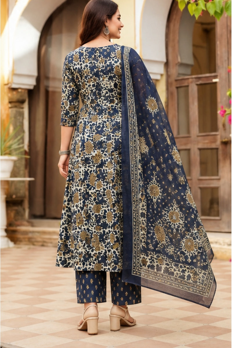 Women’s Cotton Floral Printed Angarkha Kurti with Pant & Dupatta Set
