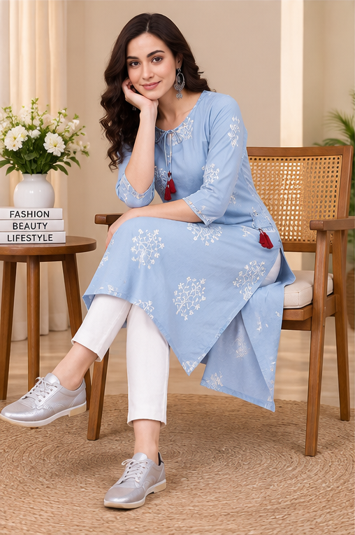Women's Casual 3/4 th Sleeve Embroidery Cambric Cotton Kurti (Blue)