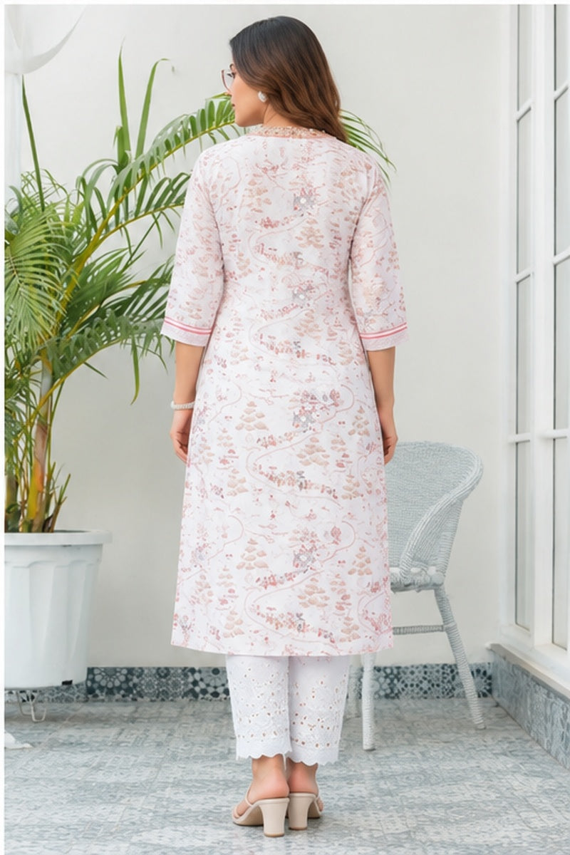 Women’s White & Pink Linen Abstract Printed Straight Kurti