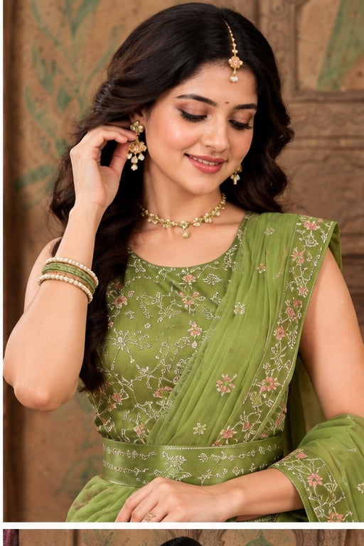 Embroidered Green & Peach Lehenga Choli Set with Dupatta for Women