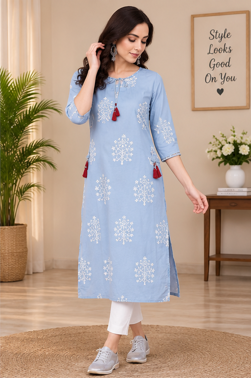 Women's Casual 3/4 th Sleeve Embroidery Cambric Cotton Kurti (Blue)