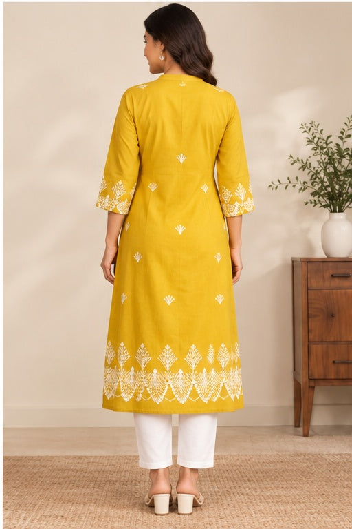 Women’s Mustard Yellow Cotton Embroidered A-Line Jacket Kurta