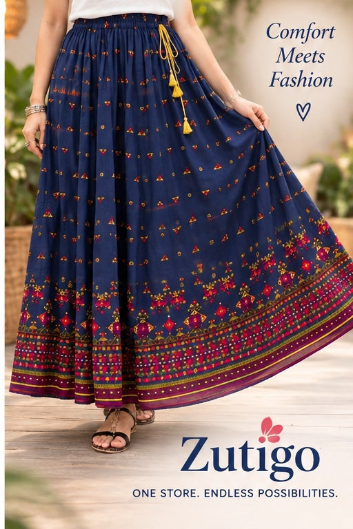 Women’s Navy Blue Printed Flared Maxi Skirt with Decorative Border