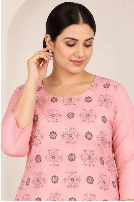 Women’s Pink Cotton Blend Printed Straight-Cut Kurti – Plus Size