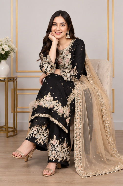 Women's Silk Embroidered 3/4th Sleeve Round Readymade Kurti With Palazzo Pant and Dupatta Set (Black)