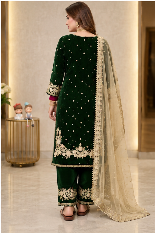 Women's Silk Embroidered 3/4th Sleeve Round Kurti With Palazzo Pant and Dupatta Set (Dark Green)
