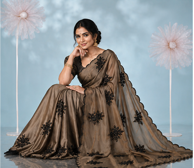 Women's Viscose Silk Embroidered Saree With Unstitched Blouse 5.5Mtr (Beige)