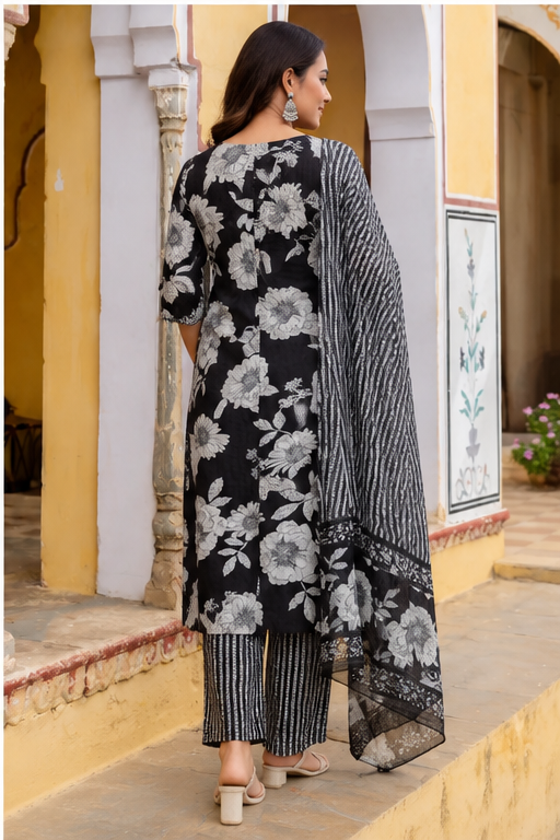 Women’s Black Floral Printed Kurta Set with Striped Dupatta