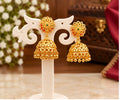 Traditional Gold-Finish Jhumka Earrings with Ruby & Green Detailing