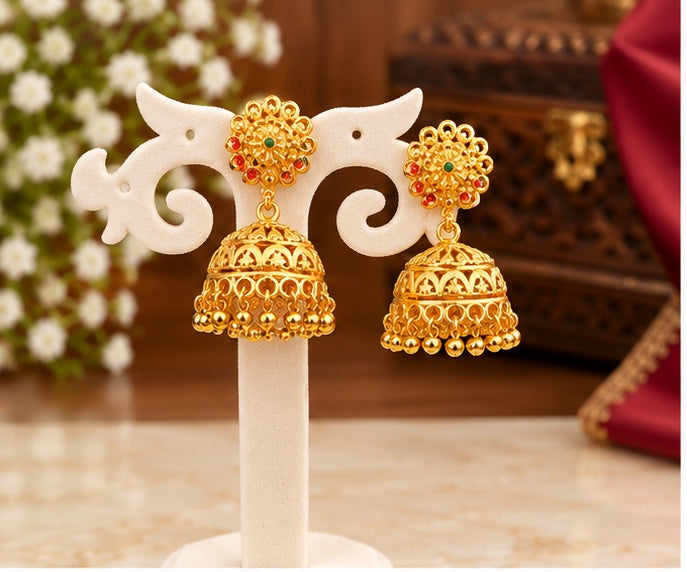 Traditional Gold-Finish Jhumka Earrings with Ruby & Green Detailing