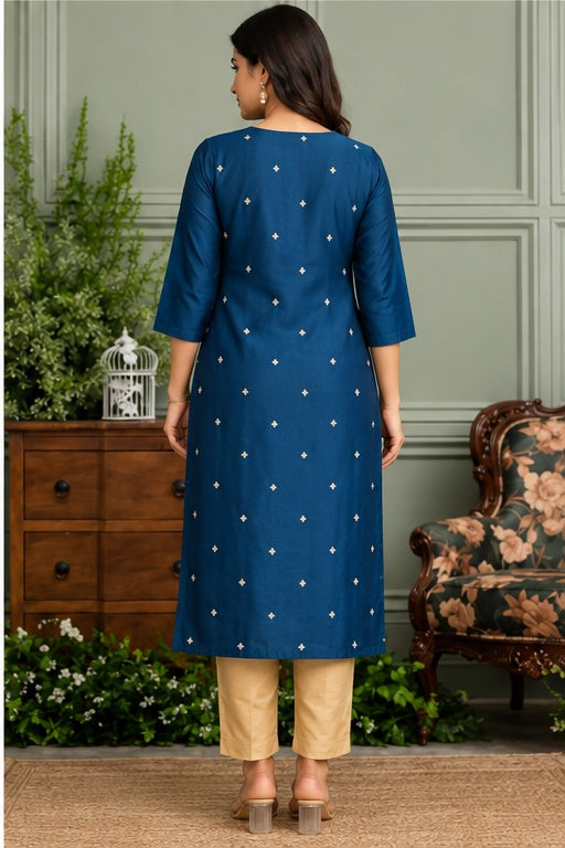 Women’s Navy Blue Art Silk Embroidered Straight Kurti with Golden Detailing
