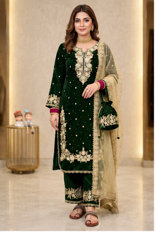 Women's Silk Embroidered 3/4th Sleeve Round Kurti With Palazzo Pant and Dupatta Set (Dark Green)