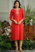 Women’s Red Viscose Rayon Bandhani Printed Kurti with Embroidered Neckline