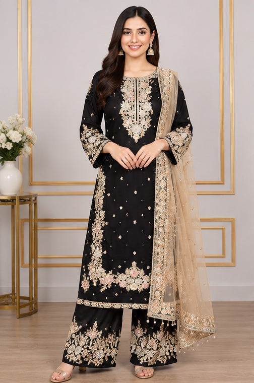 Women's Silk Embroidered 3/4th Sleeve Round Readymade Kurti With Palazzo Pant and Dupatta Set (Black)