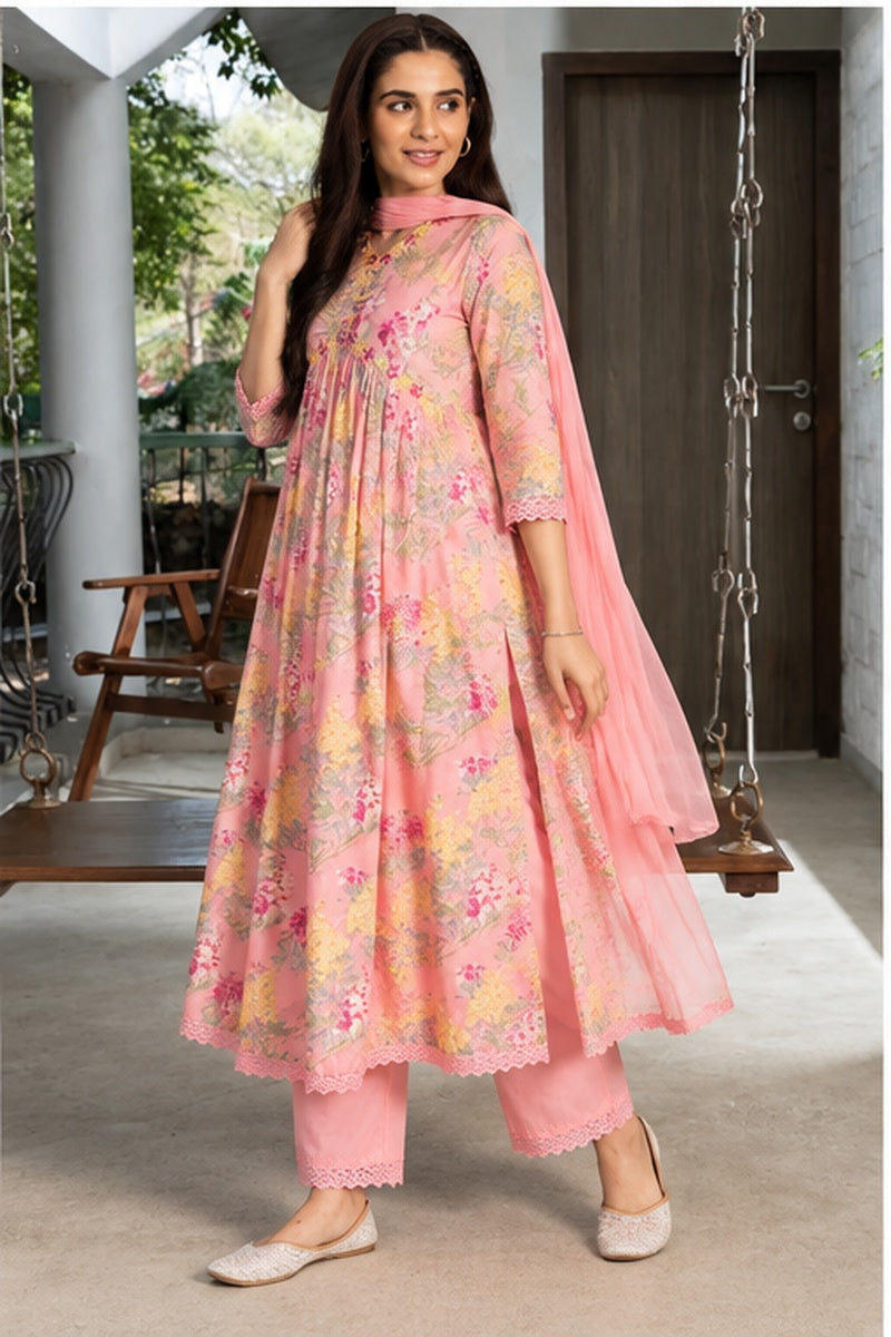 Women’s Pink Floral Printed Cotton 3-Piece Kurti Set with Pant & Dupatta