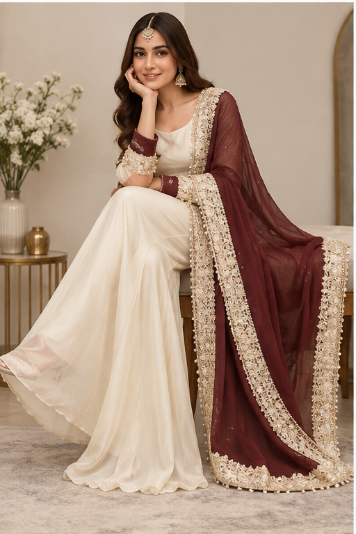 Women's Silk Embroidered 3/4th Sleeve V-Neck Kurti With Sharara Pant and Dupatta Set (Cream &amp; Brown)