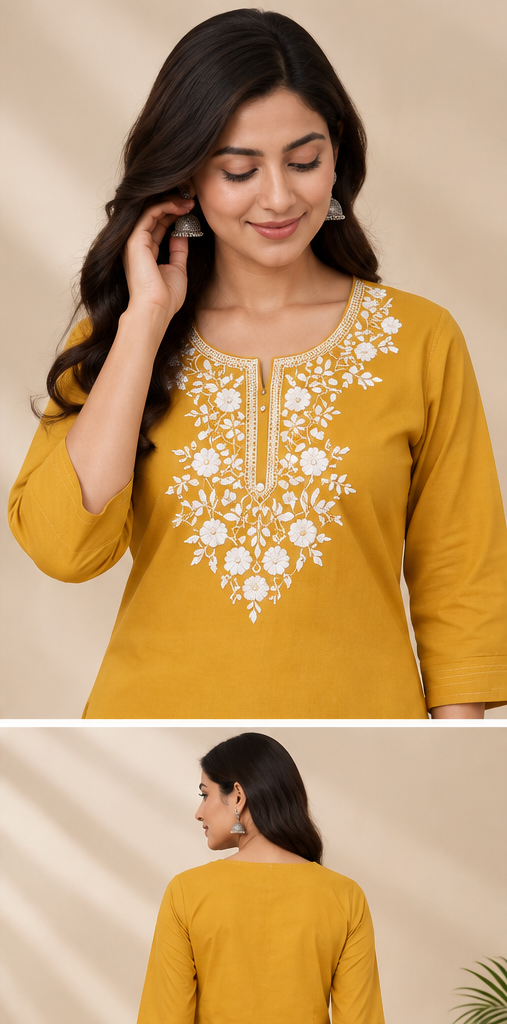 Women’s Mustard Yellow Cotton Embroidered Straight Kurta with Floral Neckline