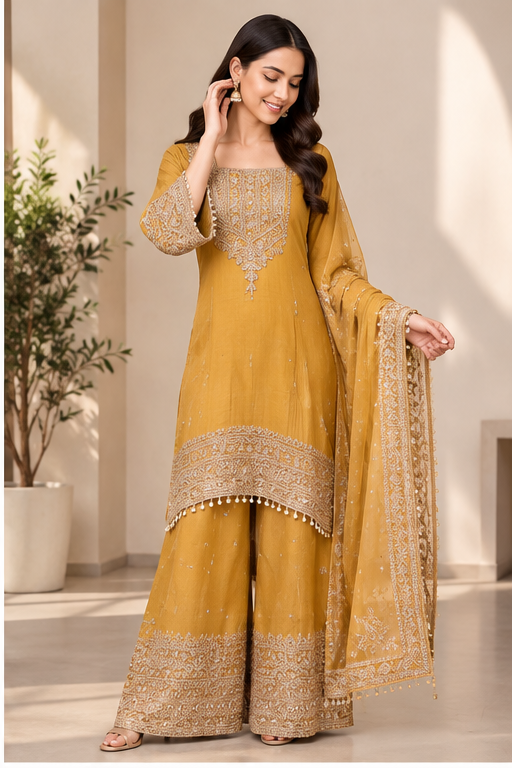 Women's Silk Embroidered 3/4th Sleeve Round Kurti With Sharara Pant and Dupatta Set (Yellow)
